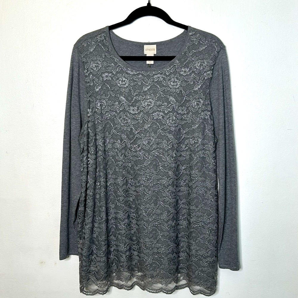 NWT CHICO’S Size 3/ US XL long sleeve gray sweater floral lace overlay